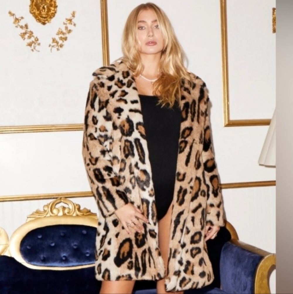 SHACI  Antibes Leopard Print Faux Fur Coat Beige New Size Large